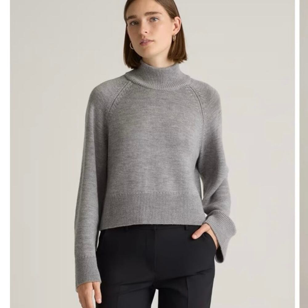 Quince Australian Merino Wool Cropped Mock Neck Sweater in Heather Grey Size L